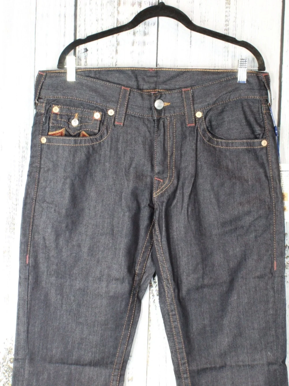 NWT True Religion Straight Leg Flap Jeans Sunset Logo Orange Red Stitch Size 33